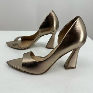 Saks Fifth Avenue D'Orsay Pump Geometric Heel Metallic Gold Open Toe Womens 7